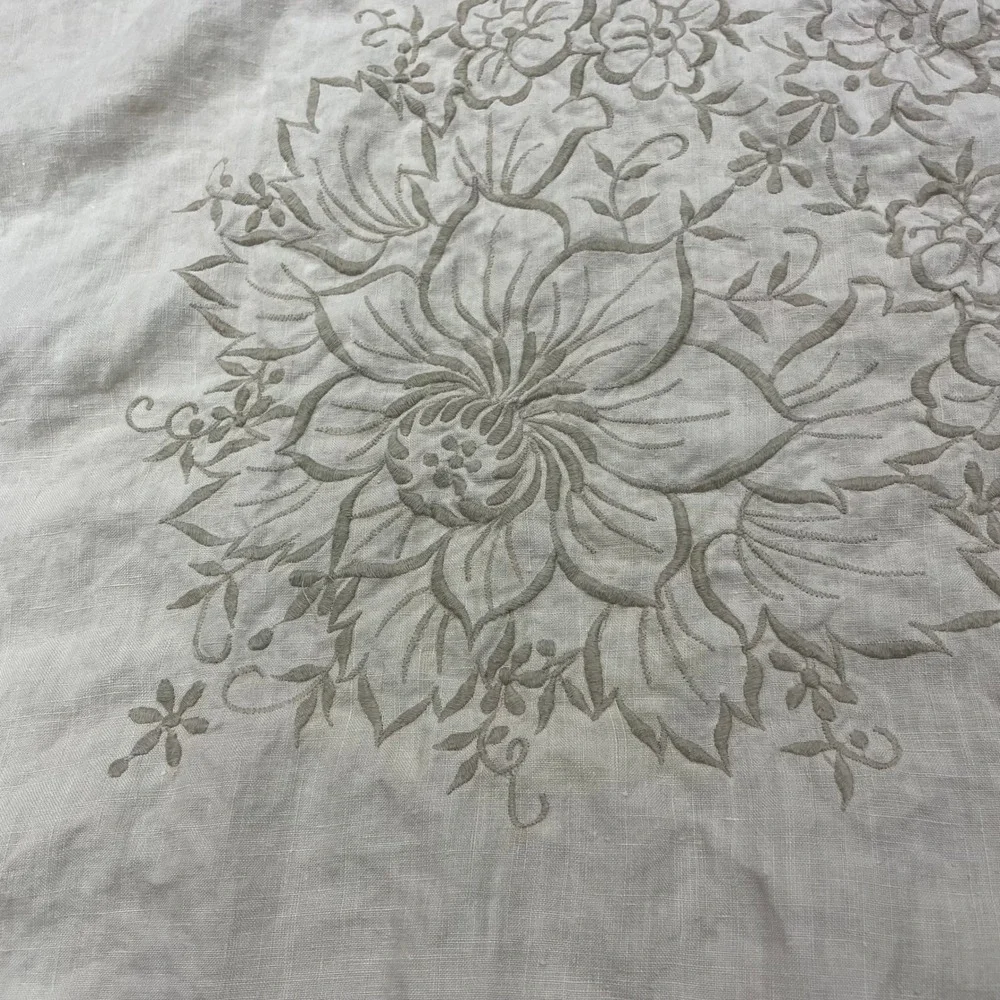 Vintage Tablecloth Beige Floral Embroidered Scalloped Linen Bridal Baby Formal